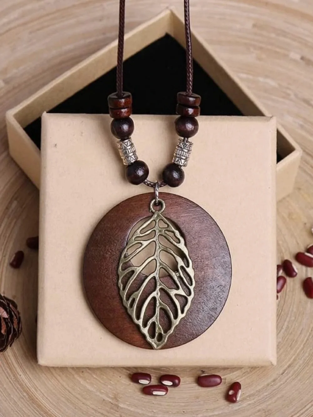 Boho Wood Leaf Pendant Necklace Long Brown Cord Beaded Gold Leaf Statement 35”